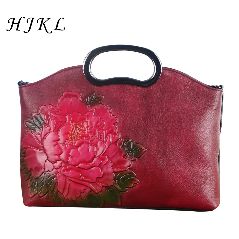 

HJKL Chinese Style Cowhide Handbag Vintage Women's Large Totes Peony Printing Genuine Leather Chain Bag for Elegant Women 2018