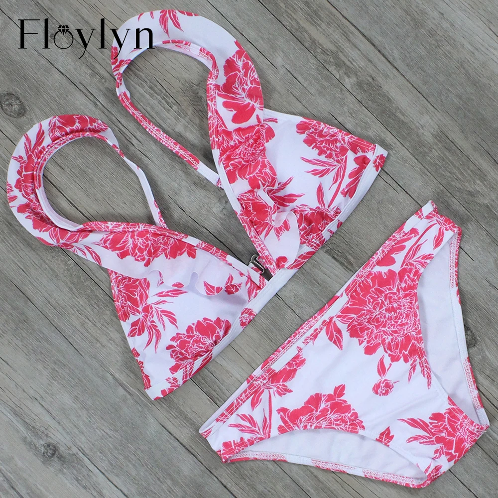 Floylyn Floral Print Triangle Push Up Bikini Set Ruffled Shoulder Strap Biquini Mulher | Женская одежда