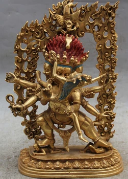 

Fast shipping 12" Tibet Bronze Painting 3 Head 6 Arms Mahakala Buddha Gollum Head Deer Statue