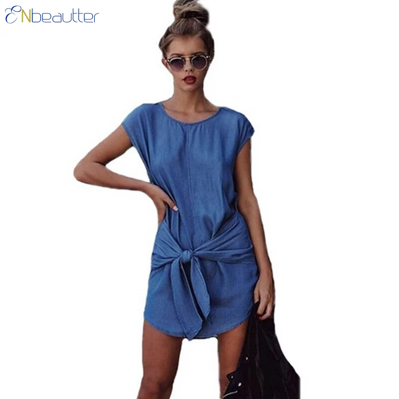 

ENbeautter Summer Women Denim Dress Knot In The Waist O-Neck Short Sleeve Slim Mini Jeans Dresses Vestidos Casual Clothes
