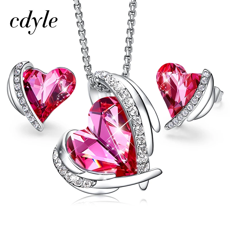 

Cdyle Embellished with crystals Heart Stud Earrings And Pendant Necklaces Pink Angel Jewelry Set Female Wedding