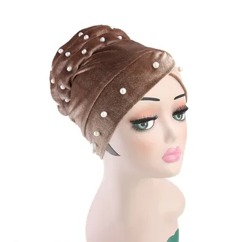 

Muslim Velvet Pearls Stretch Turban Ruffle Hair Hats Beanie Bandanas Scarf Head Wrap Headwear for Women 03