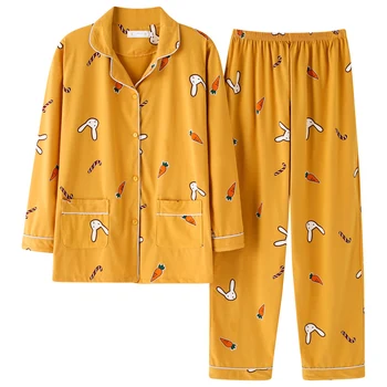 

Sleepwear Two Pieces Set Women Pajamas Autumn Cotton Pijama Mujer Homewear Long Sleeve Cute Cartoon Casual Plus Size Pijamas