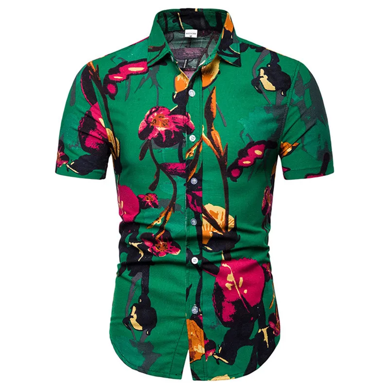 Модные летние 2019 повседневные приталенная Мужская рубашка цветочный принт льняная рубашка с короткими рукавами рубашки мужские цветочные