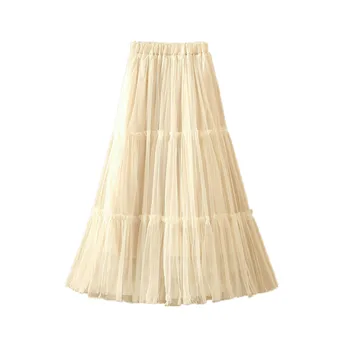 

Mesh Skirt Women Sweet Elastic Waist High Waist Solid Color A-Linen Mid-Calf Midi Falda Fashion Female Patchwork Tutu Skirt