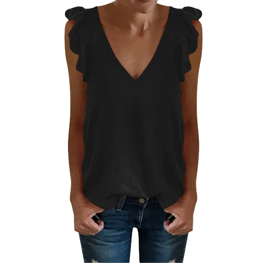 

Women's Ladies Sleeveless Solid V-neck Blouse Shirt Pullover Tops Sleeveless Fashion Solid Summer Sexy C15