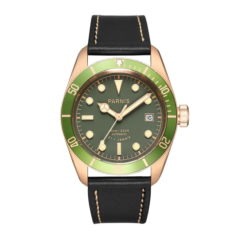 41 мм Parnis автоматические часы Роскошные Брендовые мужские часы 21 Jewle Miyota механизм кожа/стальной ремешок Механические наручные часы подарок - Цвет: green2