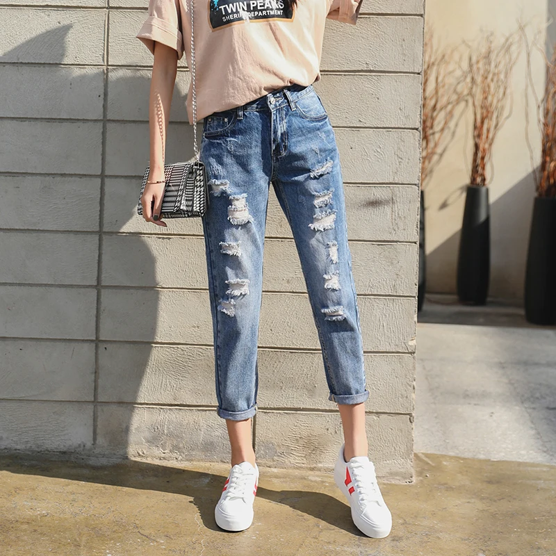 

Hot Sale 2019 Spring Summer Jeans Women Straight Pants High Waist Loose Casual Ripped Hole Jeans Female Pocket Denim Pants