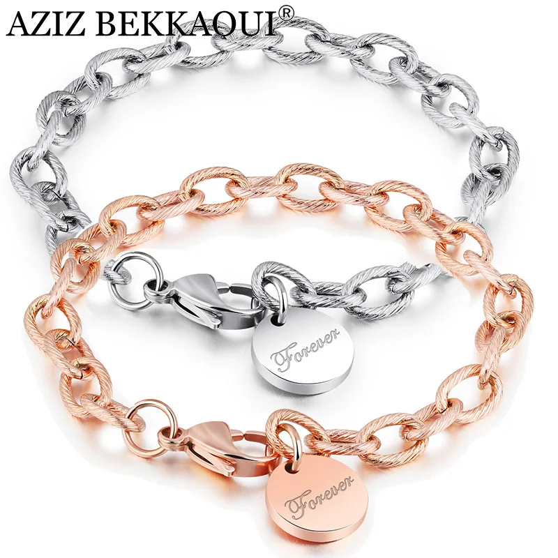 AZIZ BEKKAOUI DIY Personalized Chain Link Stainless Steel Bracelets for Women Rose Gold Letter Forever Pendant Couple Bracelets