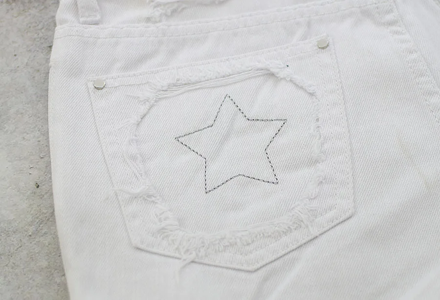 Белые джинсовые шорты с высокой талией и вышивкой в виде звезд, женские джинсовые шорты с дырками и кисточками, летние уличные шорты с боковой молнией, Spodenki Damskie