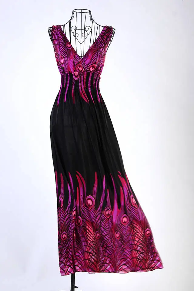 2018 Վաճառեք այսպիսի մեկը Deep V Collar Peacock Bohemia Summer Long Beach Dress Maxi Dress Hotsale Նոր մեծածախ