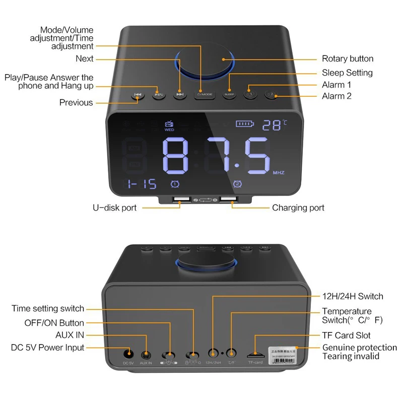 Светодиодный цифровой будильник с fm-радио/беспроводной Bluetooth плеер/USB порт быстрой зарядки,/TF карта воспроизведения/температура и Дата Дисплей