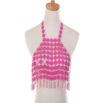 

Sequins Top Chai Women Shoulder Necklace Bra Harness Geometric Tassel Pendant Body Chain Rave Disco Party Jewelry