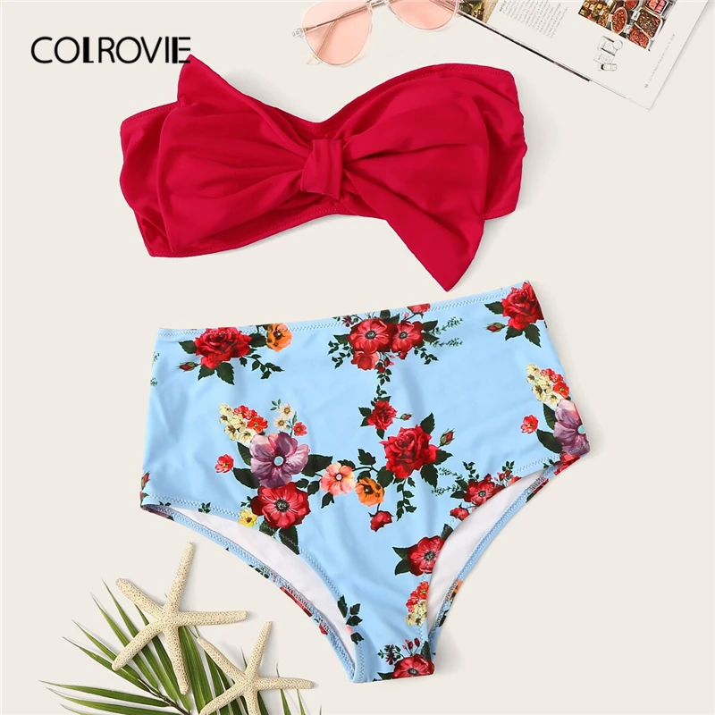 

COLROVIE Red Bow Bandeau Top With Random Floral High Waist Swimwear Women Bikini Set 2019 Sexy Beachwear Swimsuit Bathing Suit