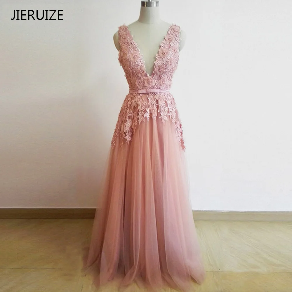 

JIERUIZE Dusty Pink Vintage Lace Appliques Long Evening Dresses Pearls Sash Deep V-neck Backless Prom Dresses Evening Gowns
