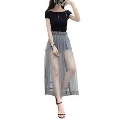 Женская высокая талия Макси Длинная многослойная юбка плиссированная Свадебная вечеринка прозрачная сетчатая однотонная тонкая
