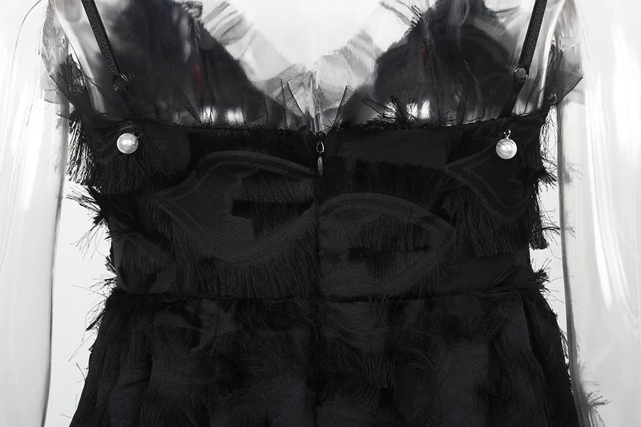 Уличная мода платье Для женщин Лето Новое поступление спагетти ремень Бисер платья дамы V шеи 3D кисточкой вечерние платье черный
