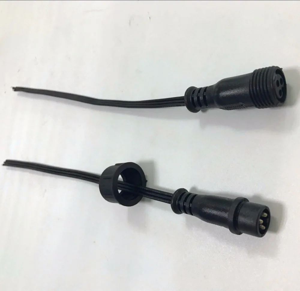 

10pcs/lot 3 Core BLACK Waterproof pigtail,20cm long each;male and female;male connector's diameter:13.5m;20AWG flat cable