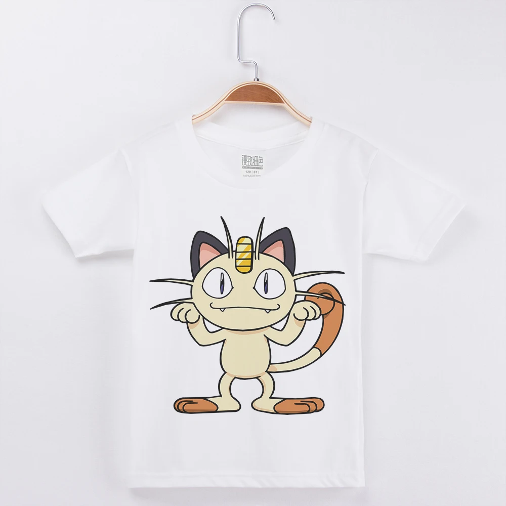 

2019 Brand New Child Short Sleeve T-Shirt Tops Casual Cotton Girls Kids Clothes Meowth Cat Printed O-Neck Baby Boys Tee Shirt