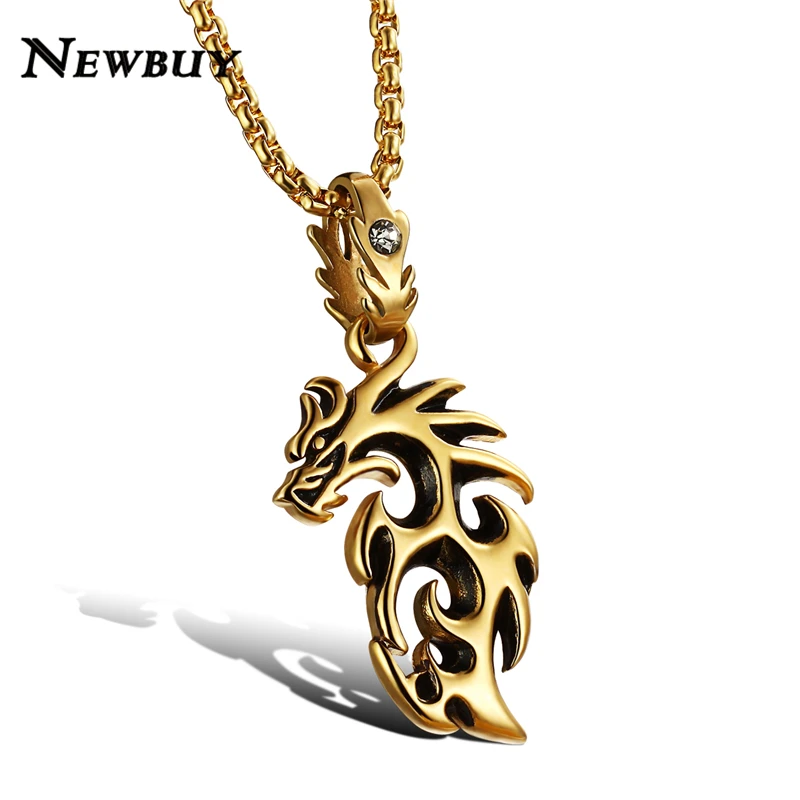 

NEWBUY Hot Sale 2019 New Classic Design Male Punk Jewelry Gold/Silver Plated Fire Dragon Pendant Necklace For Men Wholesale