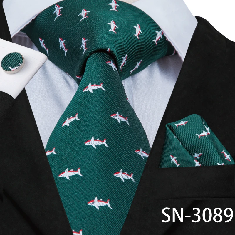 SN-3089 Hi-Tie, новинка, зеленые шелковые мужские галстуки для мужчин, 8,5 см, Классические мужские галстуки для свадебной вечеринки, набор, животные, полосатый галстук на шею и носовые платки - Цвет: SN-3089