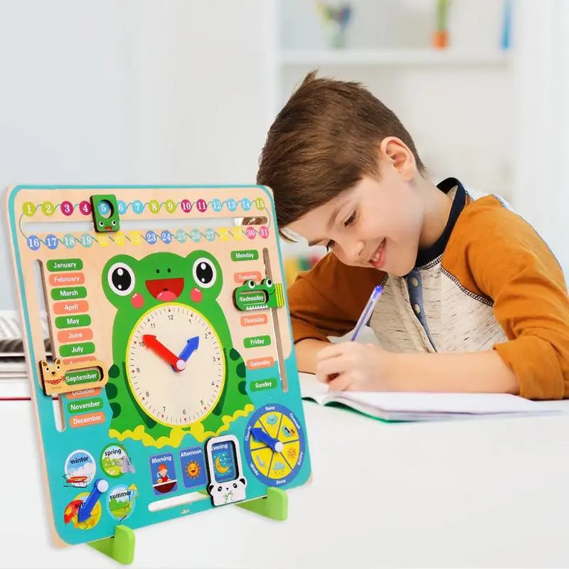 remarkable  Wooden Cartoon Frog Calendar Clock Children Cognitive Early Education Toys