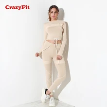 CrazyFit 2 шт. набор с длинным рукавом шнурок Фитнес беговой костюм женский укороченный топ и штаны одежда для занятий спортом для спортивного зала спортивная одежда