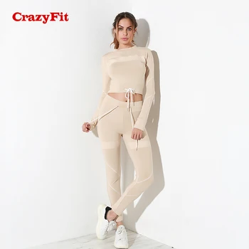 

CrazyFit 2 Pieces Yoga Set Long Sleeve 2018 Drawstring Fitness Running Suit Female Crop Top Pants Workout Clothes Gym Sportswear