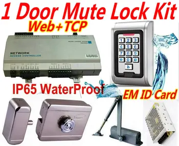 

1 Door Electro Mute Lock kit Pin code+Metal CaseEM ID Card reader+electro rim lock+door closer kit WEB IP Access controller PCB