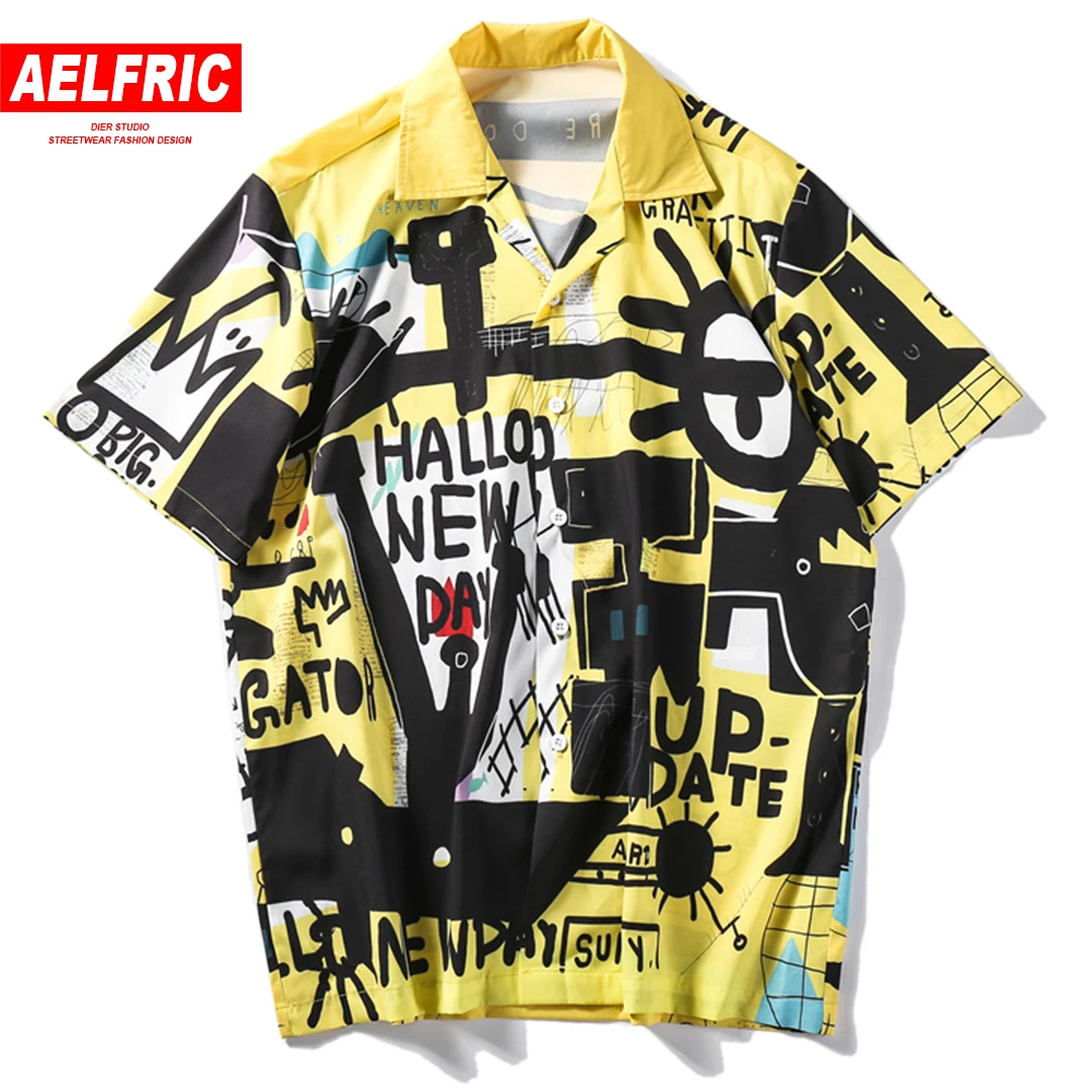 

AELFRIC Hip Hop Graffiti Printing Hawaii Aloha Fancy Beach Shirts Streetwear 2019 Summer Men Casual Short Sleeve Holiday Shirt
