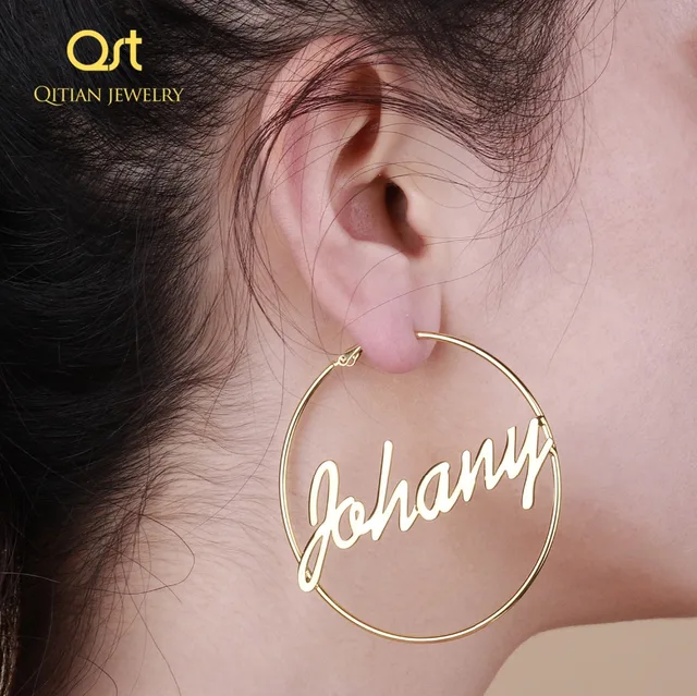 1 Pair Custom Name Hoop Earring Personalise Big Nameplate Stainless Steel Handmade Jewelry For Women Girl Round Circle Oorbellen 1