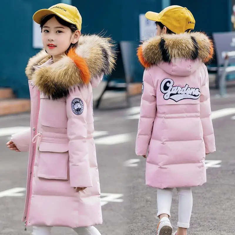 INS girls parkas 5-13 years old winter long thick coat Fur collar embroidered letters hooded trench coat fashion Windbreaker - Цвет: pink