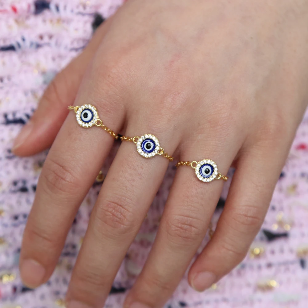 

Round disco bluel enamel turkish evil eye charm chain ring cheap wholesale fashion finger jewelry