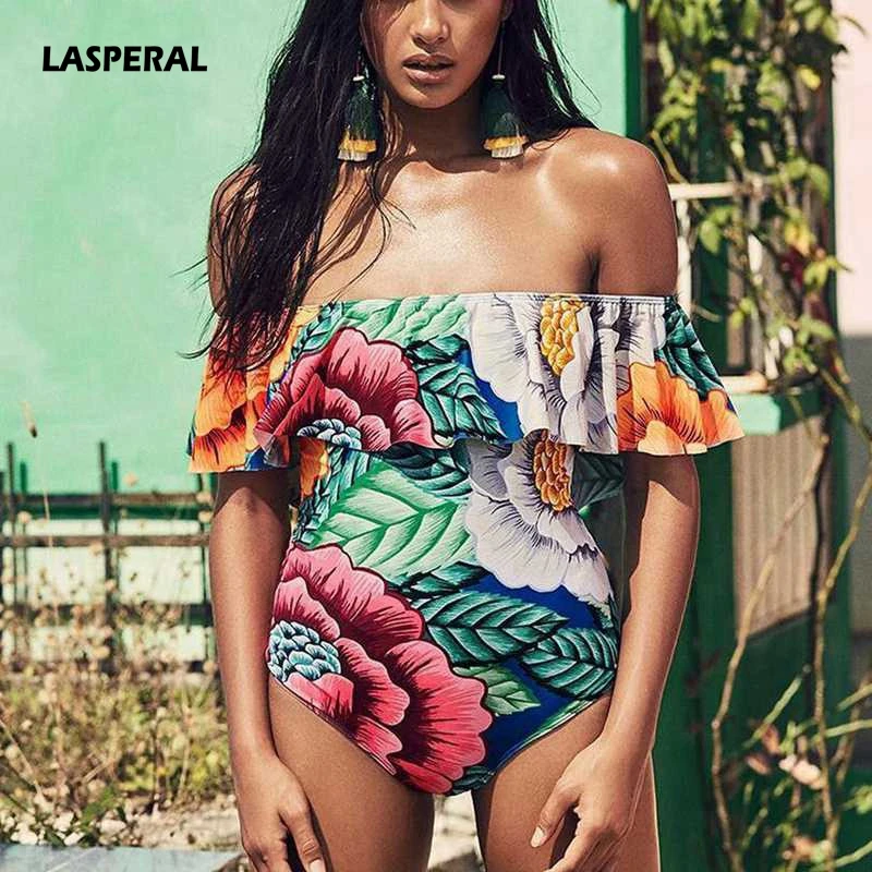 

LASPERAL 2019 Off Shoulder One-piece Swimsuit Sexy Women Ruffle Printed Bikinis Plus Size Bathing Suit Swimwear Monokini