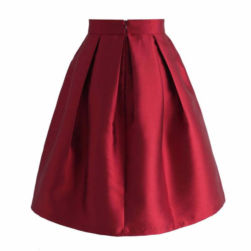 Темно-красные атласные Короткие юбки с оборками до колена миди вечерние юбки Формальные женские юбки