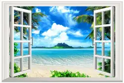 3d фото обои на заказ High end 3d фрески обои для стен 3 d окна Приморский кокосовой пальмой вид ТВ диван фоне стены