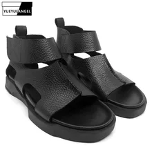 Модные мужские сандалии на толстой платформе; летние сандалии из натуральной коровьей кожи с высоким берцем в готическом стиле; пляжные сандалии-гладиаторы на застежке-липучке для отдыха