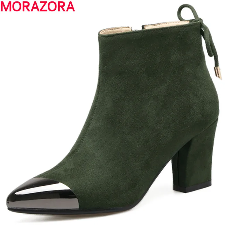 

MORAZORA Pointed toe ankle boots for women fashion shoes woman flock zip high heels boots female mixed colors big size 34-40
