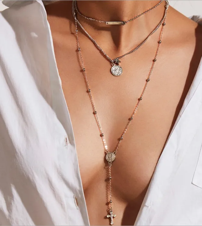 

CoalaKaptain Catholic Rosary Beads Jesus Cross Long Necklace Women Charms Choker Multilayers Chain Gold Silver Jewelry Necklaces