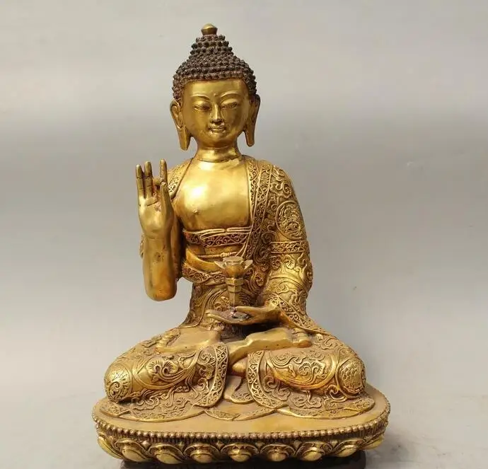 

17" Tibet Buddhism Bronze Gild Sakyamuni Shakyamuni Amitabha Buddha lotus Statue