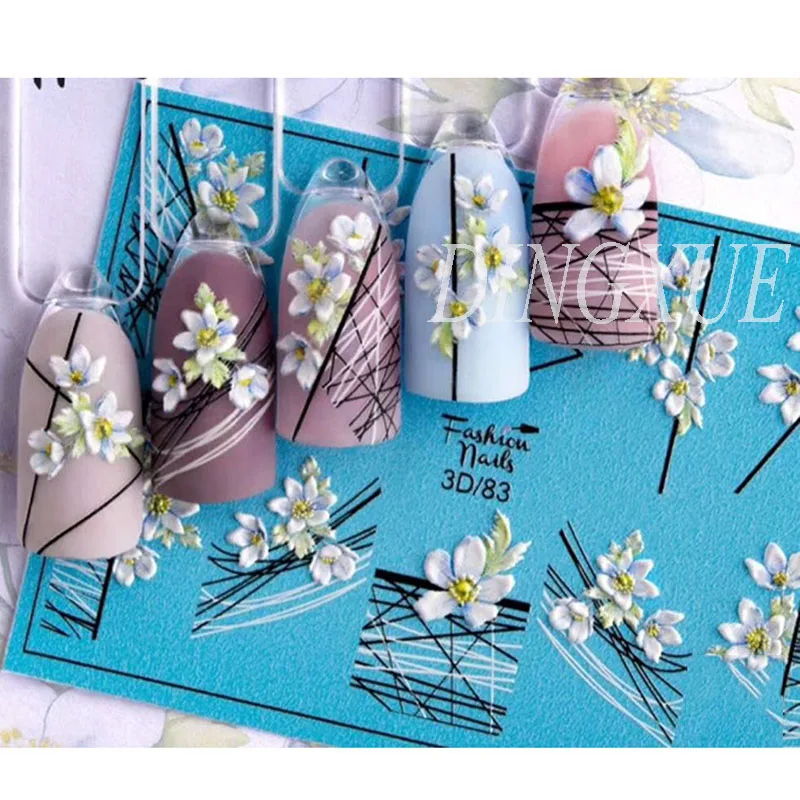 

1pc 3D Acrylic Engraved flower Nail Sticker Embossed black line with Flower Water Decals Empaistic Nail Water Slide Decals Z0105