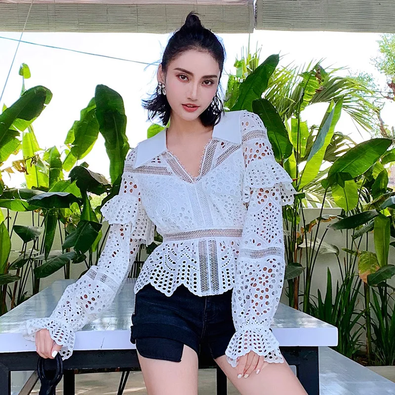 

2019 Summer Floral Embroidery Hollow Out Cotton Lace Blouse Women Long Flare Sleeve Sexy V-neck Ruffles Pullover Shirt Top