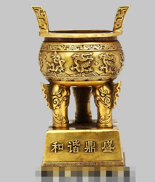 

8"Chinese Buddhism Bronze Wealth Dragon 3 Legs Ding Incense Censer Lucky R0712