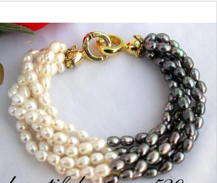 

6strands 8" 7mm rice white black freshwater pearl bracelet bangle @^Noble style Natural Fine jewe SHIPPING new >>free shipping