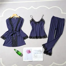 Темно-синие женские 3 шт Ночная рубашка брюки костюм халат пижамы наборы сексуальные пижамы на весну и осень домашняя ночная рубашка m-xl