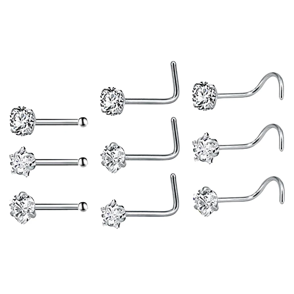 MagiDeal 9 Pieces Stainless Steel Zircon Crystal Screw Curved Nose Ring Studs Ear Body Piercing Jewelry 20G