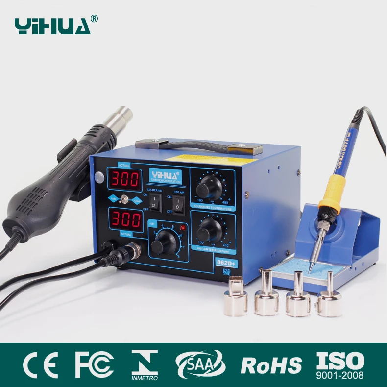 

YIHUA 862D+ 2 In 1 ESD Hot Air Gun Soldering Station Welding Solder Iron For IC SMD Desoldering