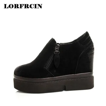 

LORFRCIN Women Shoes 9.5 cm High Heels Genuine Leather Slip On Platform Wedges Shoes Height Increasing Autumn Shoes Woman Pumps