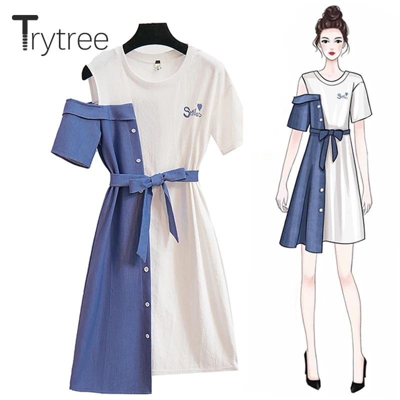 

Trytree Summer Dress Women Casual Asymmetry O-neck Cotton T Shirt Patchwork Denim Dress Button Belt Embroidery Letter Mini dress