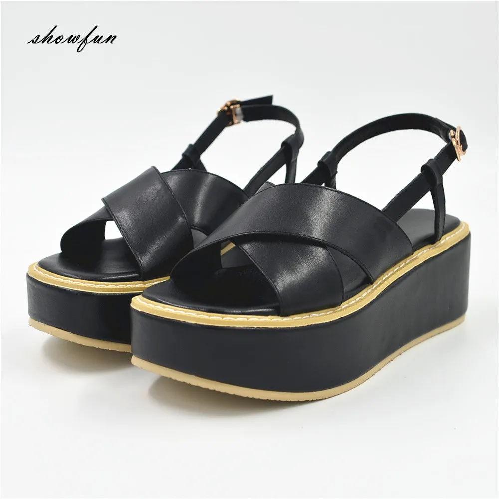 

Women's Genuine Leather Platform Flats Sandals Brand Designer Croos Strap Open Toe 2017 Summer Sandalias Punk Shoes for Women